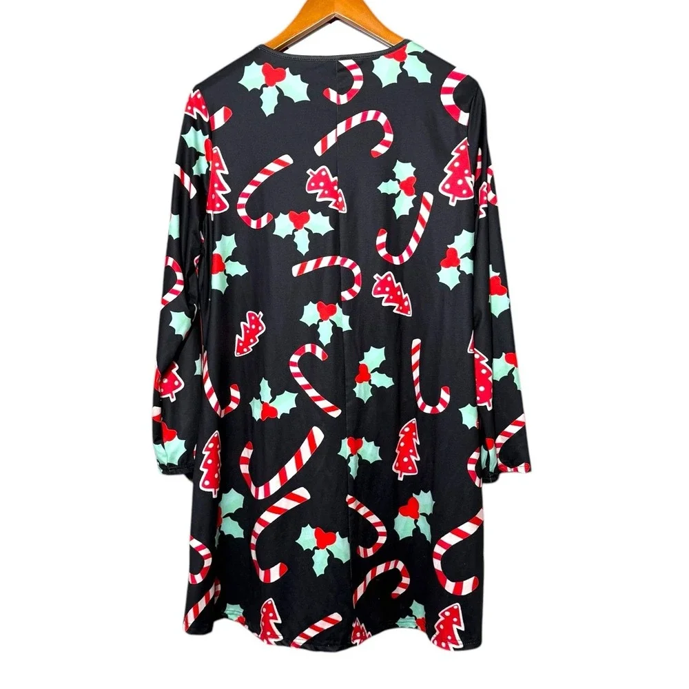 Christmas Holiday Long Sleeve Stretchy Black Dress Candy Canes Women Sz XXL - Picture 4 of 10